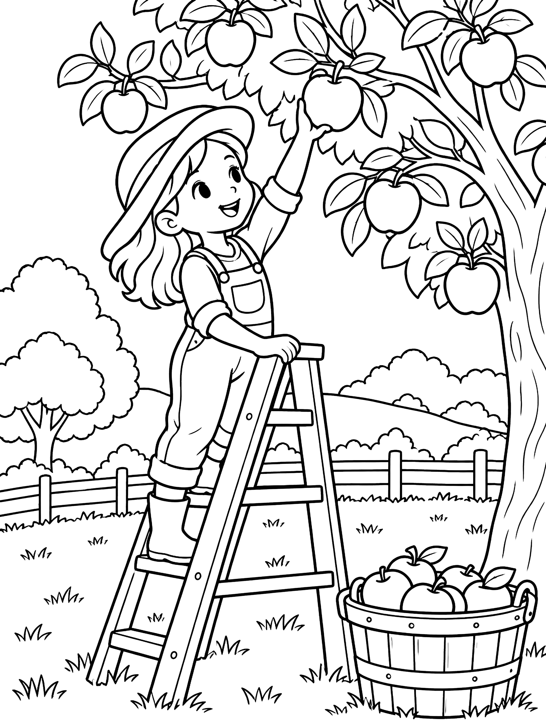 Apple picking with a ladder coloring page