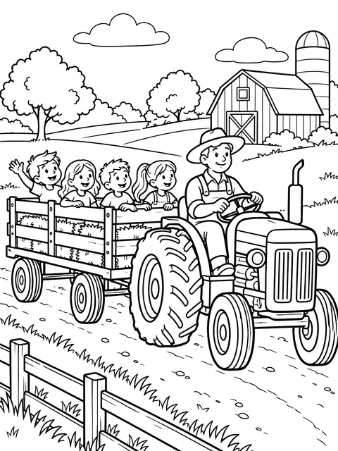 Hayride behind a tractor coloring page