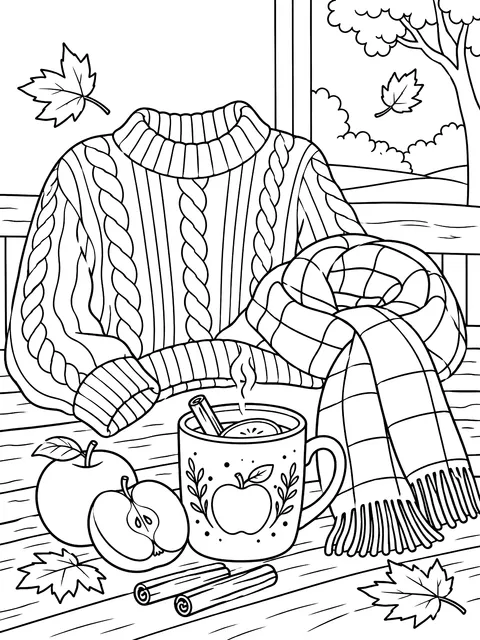 Sweater, scarf and a mug of cider coloring page