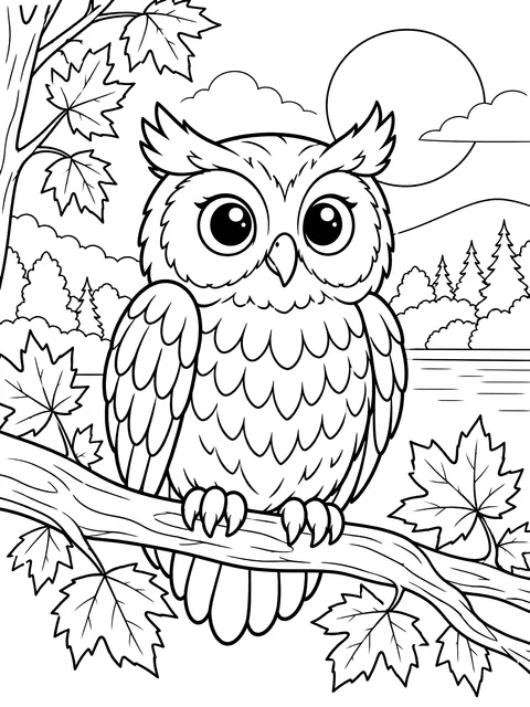 Owl on an autumn branch coloring page