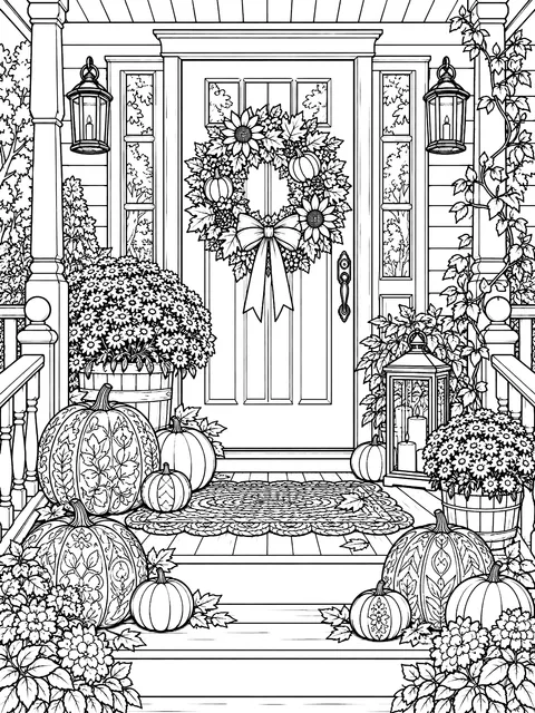 Detailed Porch decorated with pumpkins and a wreath coloring page