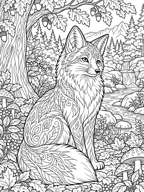 Detailed Fox in an autumn forest coloring page