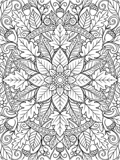 Detailed Fall leaf mandala coloring page