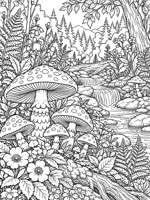 Detailed Detailed woodland scene with mushrooms coloring page
