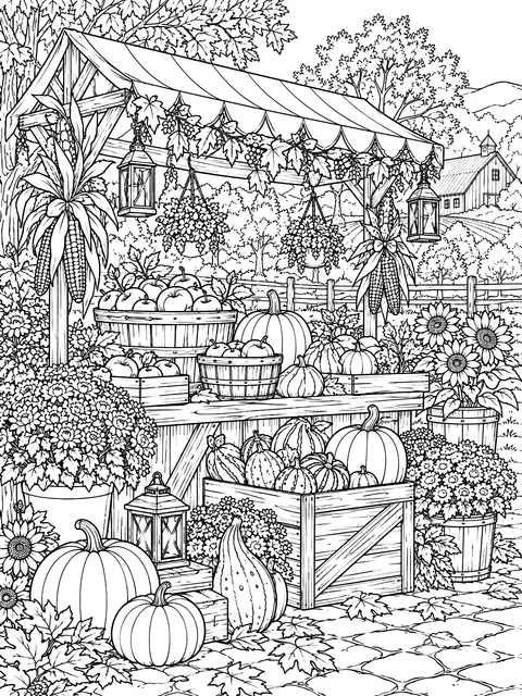 Detailed Fall farmers market stall coloring page