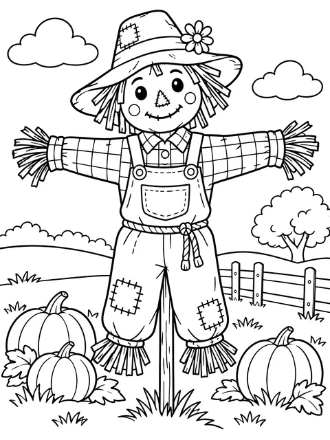 Friendly scarecrow coloring page