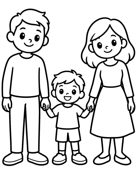 Easy Family of three holding hands coloring page