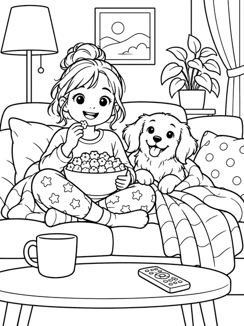 Movie night on the couch coloring page