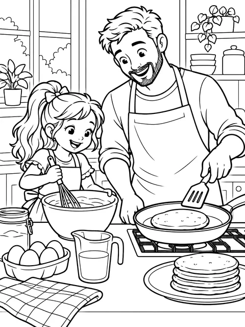 Dad and daughter making pancakes coloring page