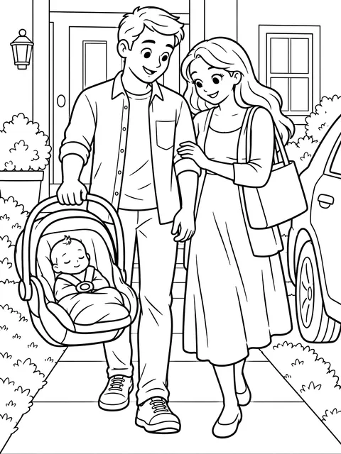 Bringing the new baby home coloring page