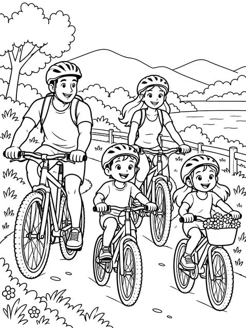Family bike ride coloring page