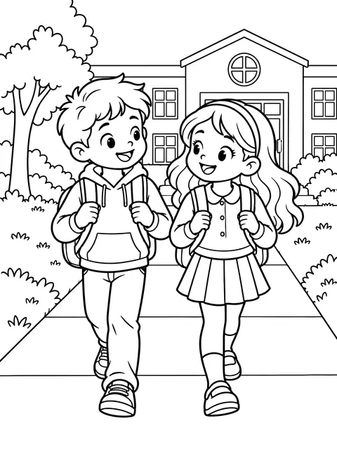 Walking to school together coloring page