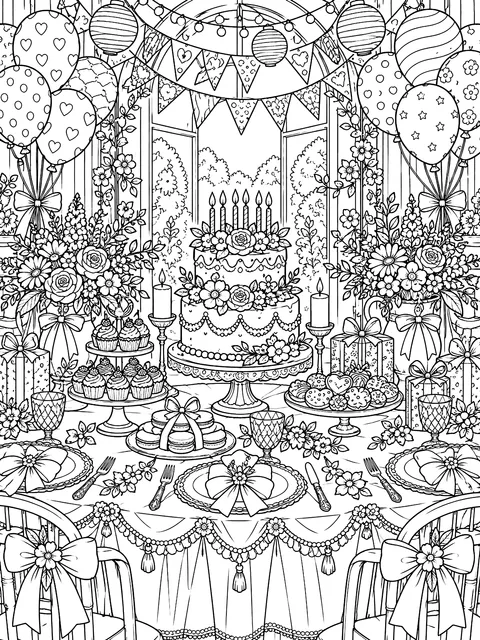 Detailed Birthday party table coloring page