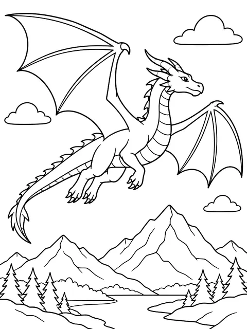 Dragon flying over mountains coloring page