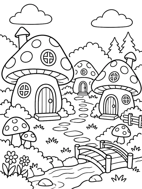Mushroom village coloring page