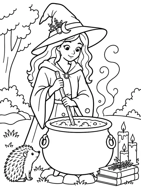 Hedge witch stirring a cauldron coloring page