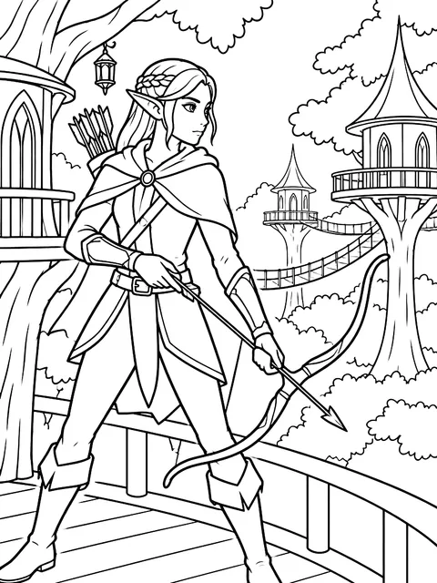 Elf archer in a tree city coloring page