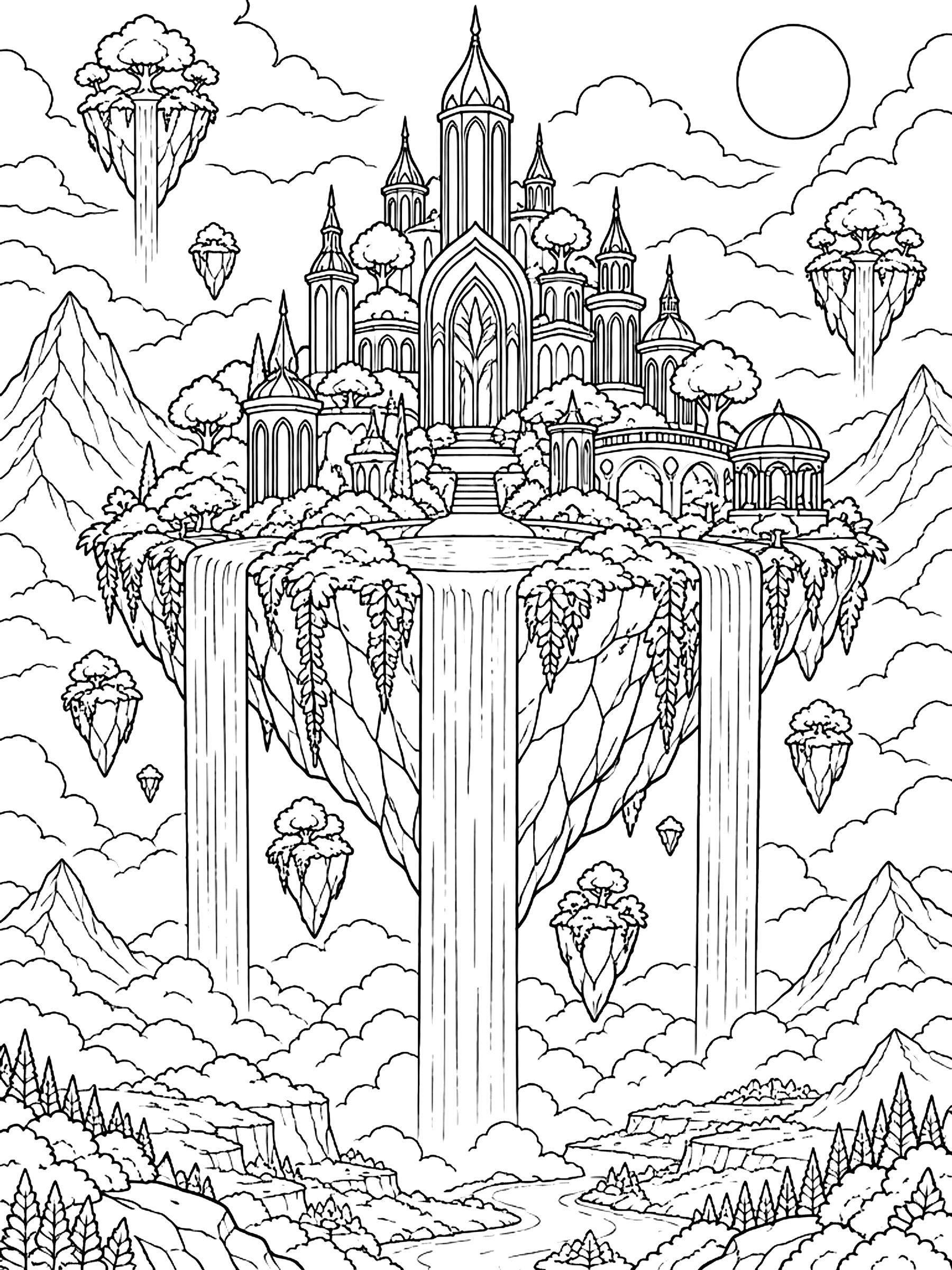 Detailed Floating island with waterfalls coloring page