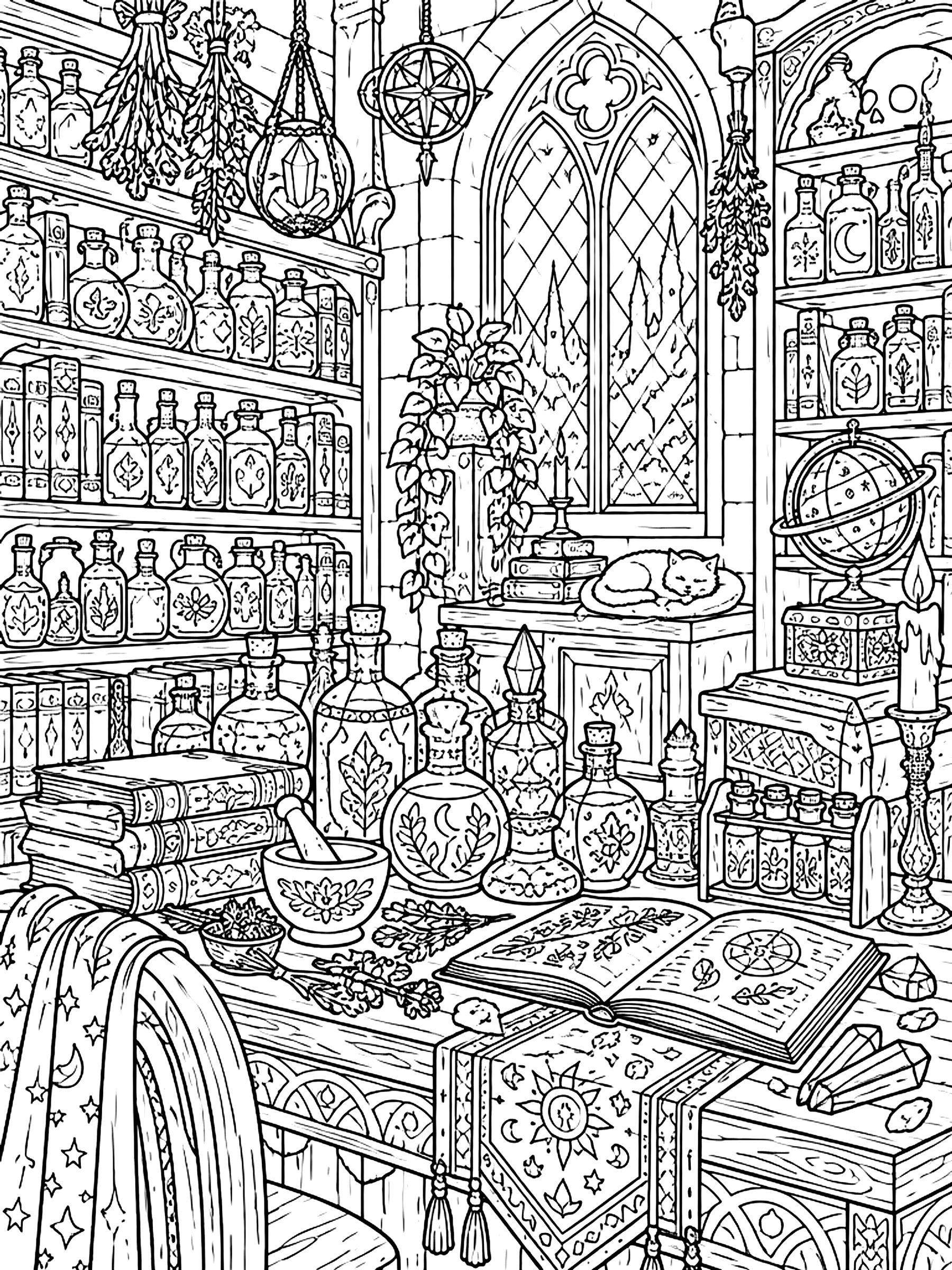 Detailed Wizard's study full of bottles coloring page