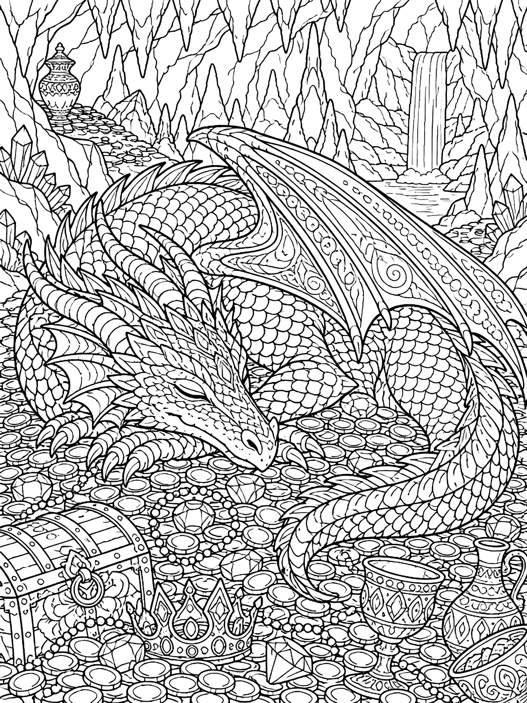 Detailed Dragon asleep on a hoard of coins coloring page