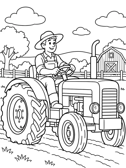 Farmer driving a tractor coloring page