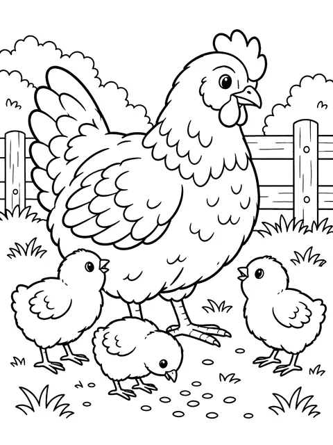 Hen with her chicks coloring page