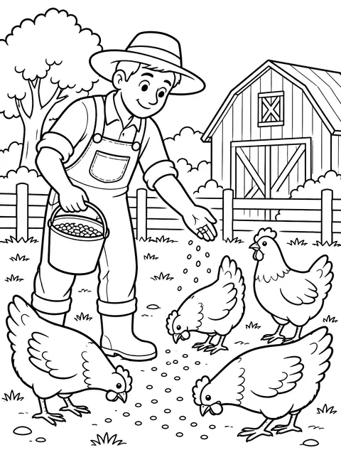 Farmer feeding hens coloring page