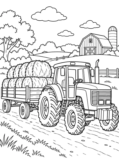 Tractor pulling a hay wagon coloring page