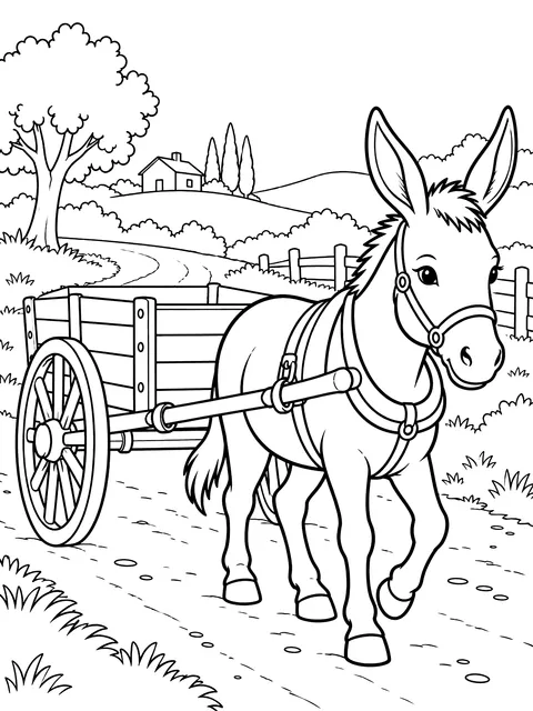 Donkey pulling a cart coloring page