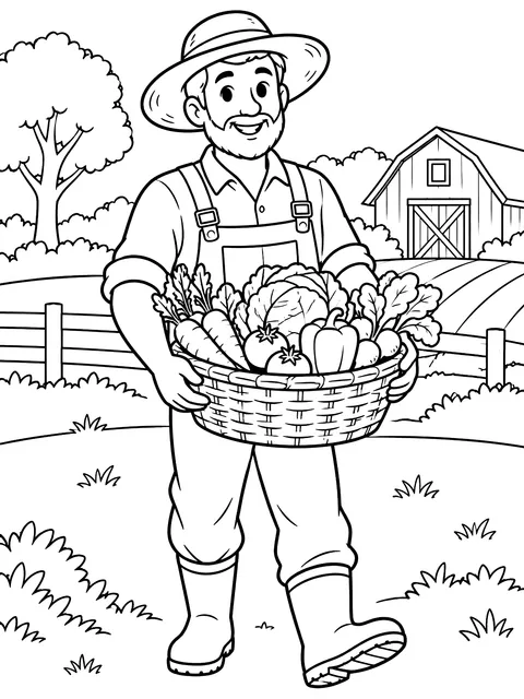 Farmer carrying a basket of vegetables coloring page