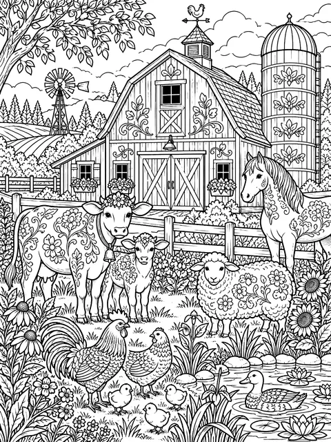 Detailed Barnyard scene with a barn, a silo and animals coloring page