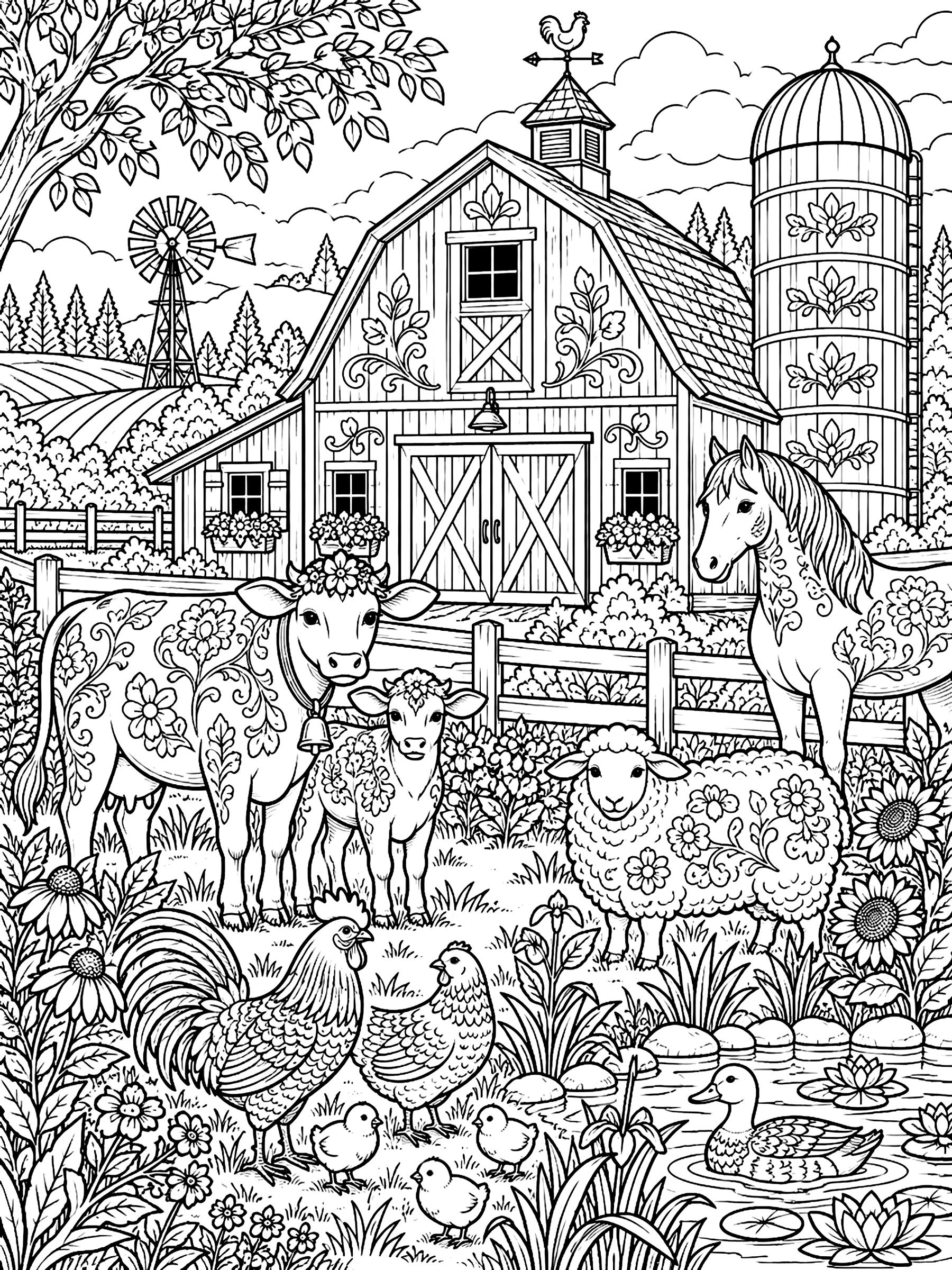 Detailed Barnyard scene with a barn, a silo and animals coloring page