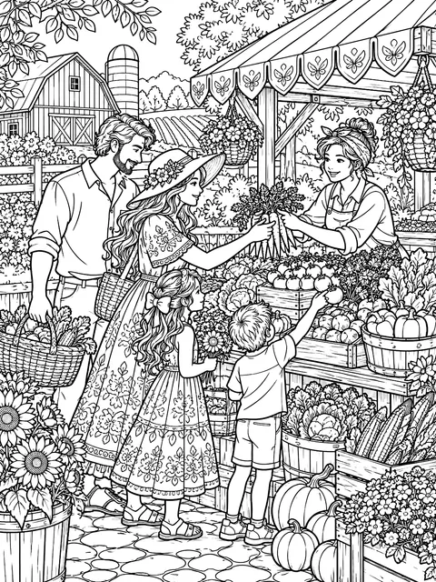 Detailed Family at a farm market stand coloring page