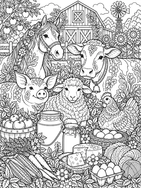 Detailed Farm animals and what they give us coloring page