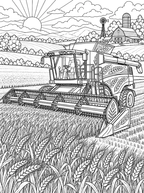 Detailed Combine harvesting a wheat field coloring page
