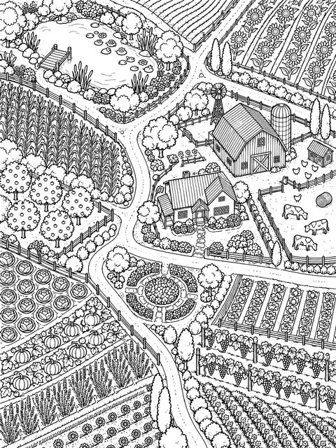 Detailed Farm seen from above with patchwork fields coloring page