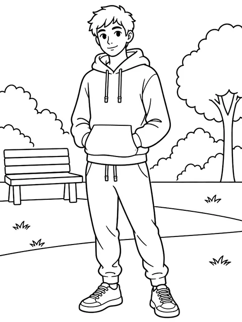 Figure in a hoodie and joggers coloring page