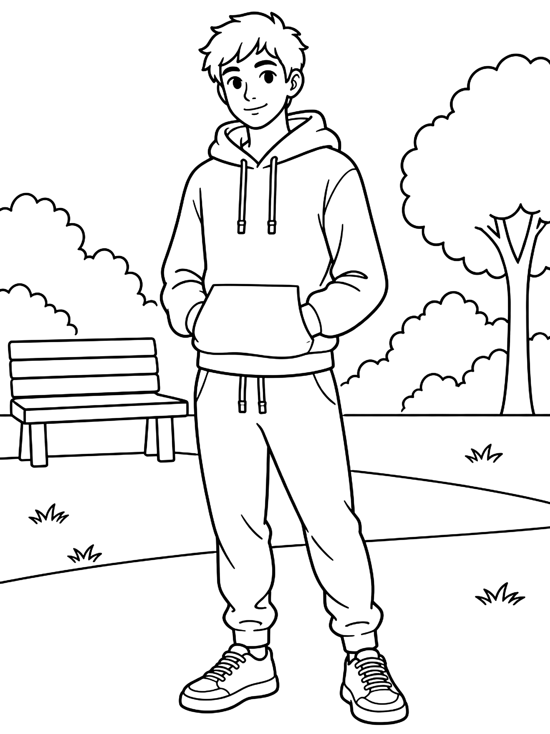 Figure in a hoodie and joggers coloring page