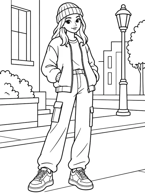 Street-style outfit with a jacket and sneakers coloring page