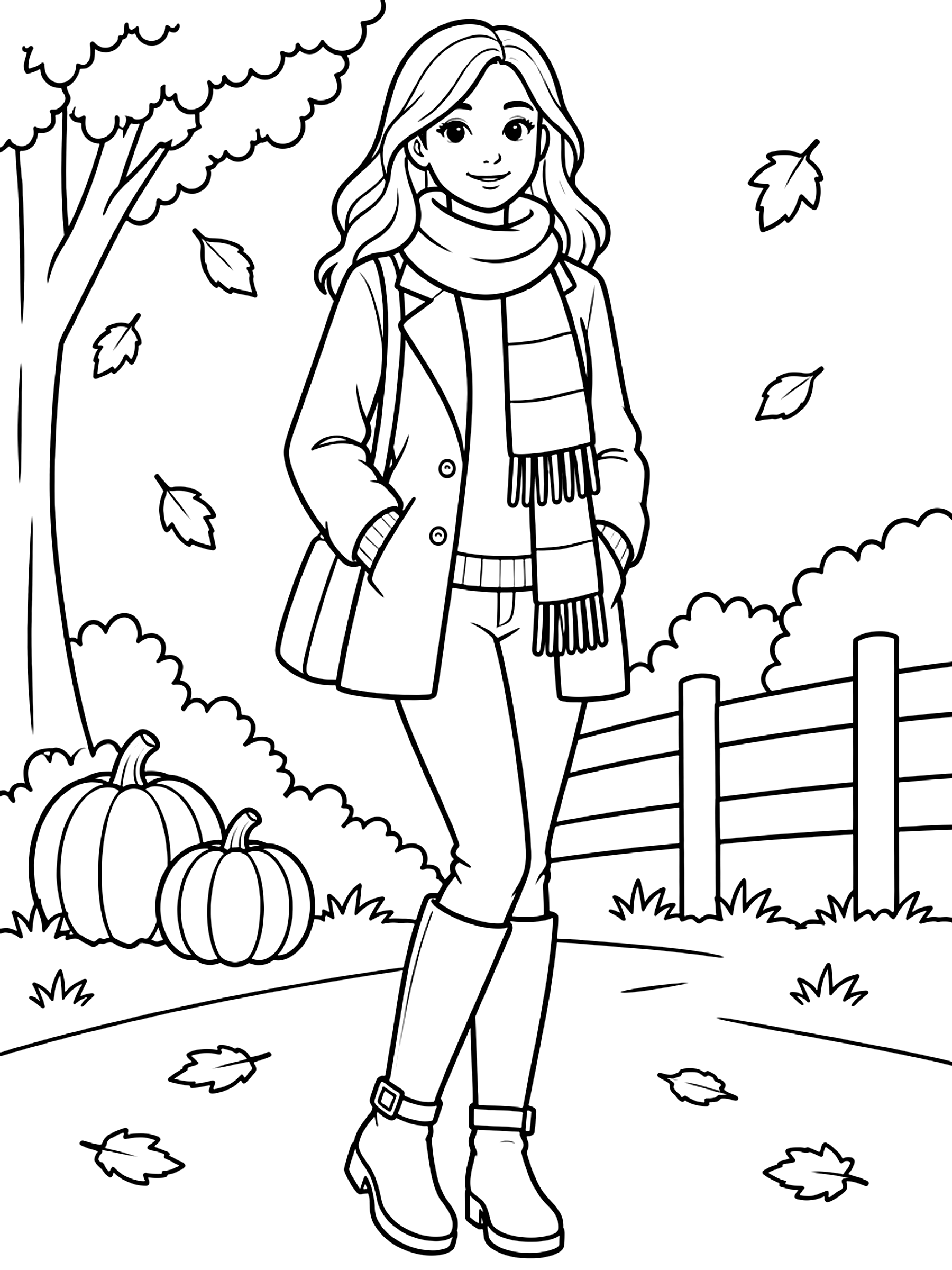 Fall outfit with a scarf and boots coloring page