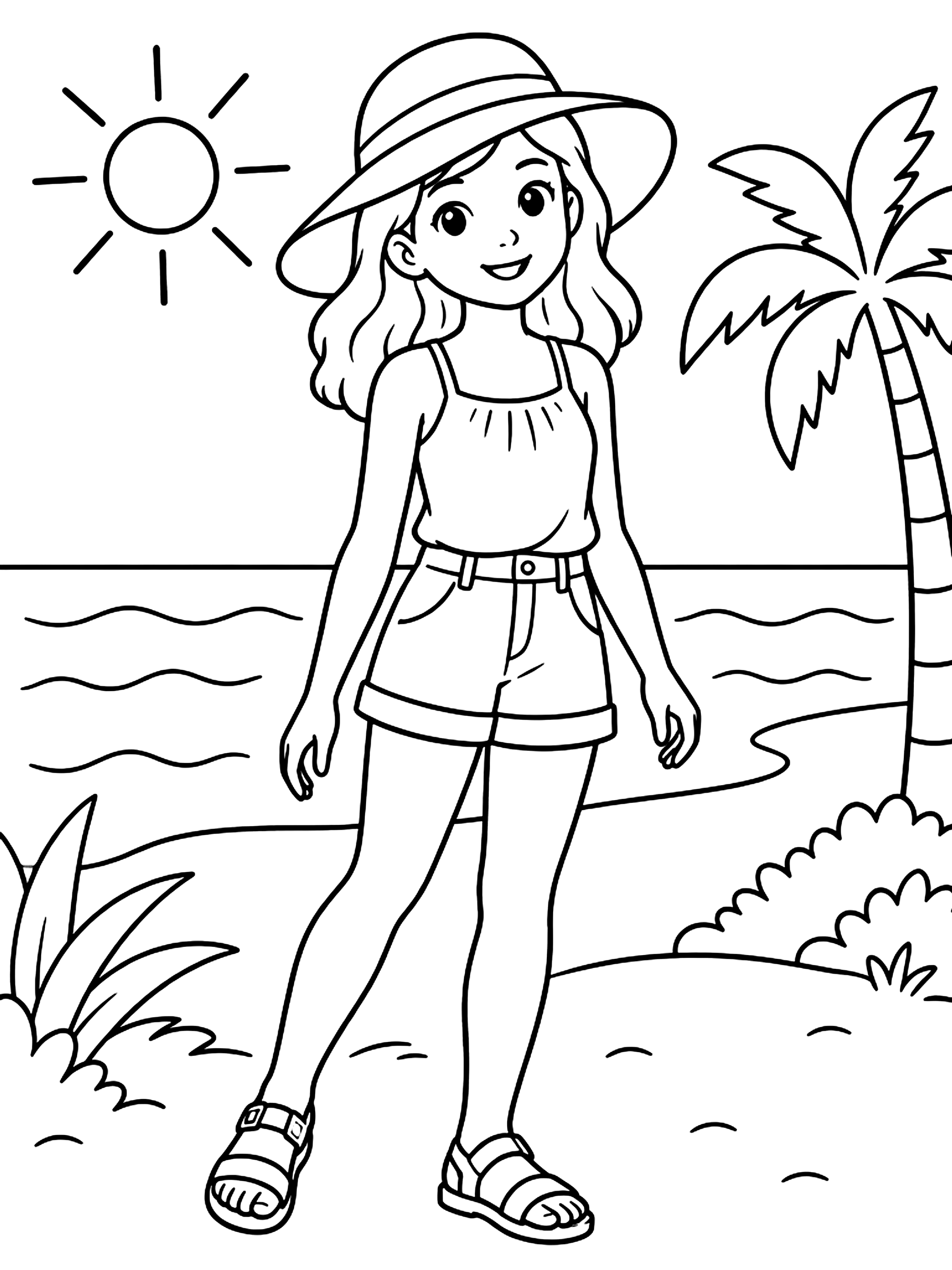 Summer outfit with shorts and sandals coloring page