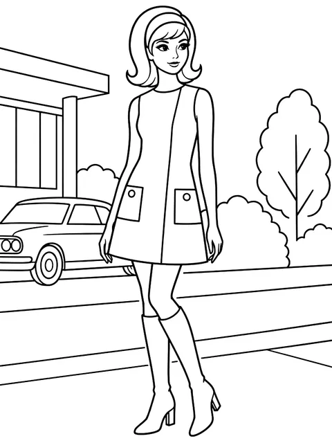 1960s shift dress and tall boots coloring page