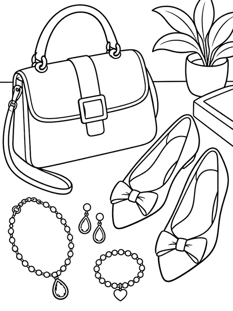 Flat lay of jewelry, a bag and shoes coloring page