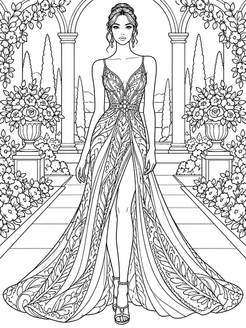 Detailed Model in a runway gown coloring page