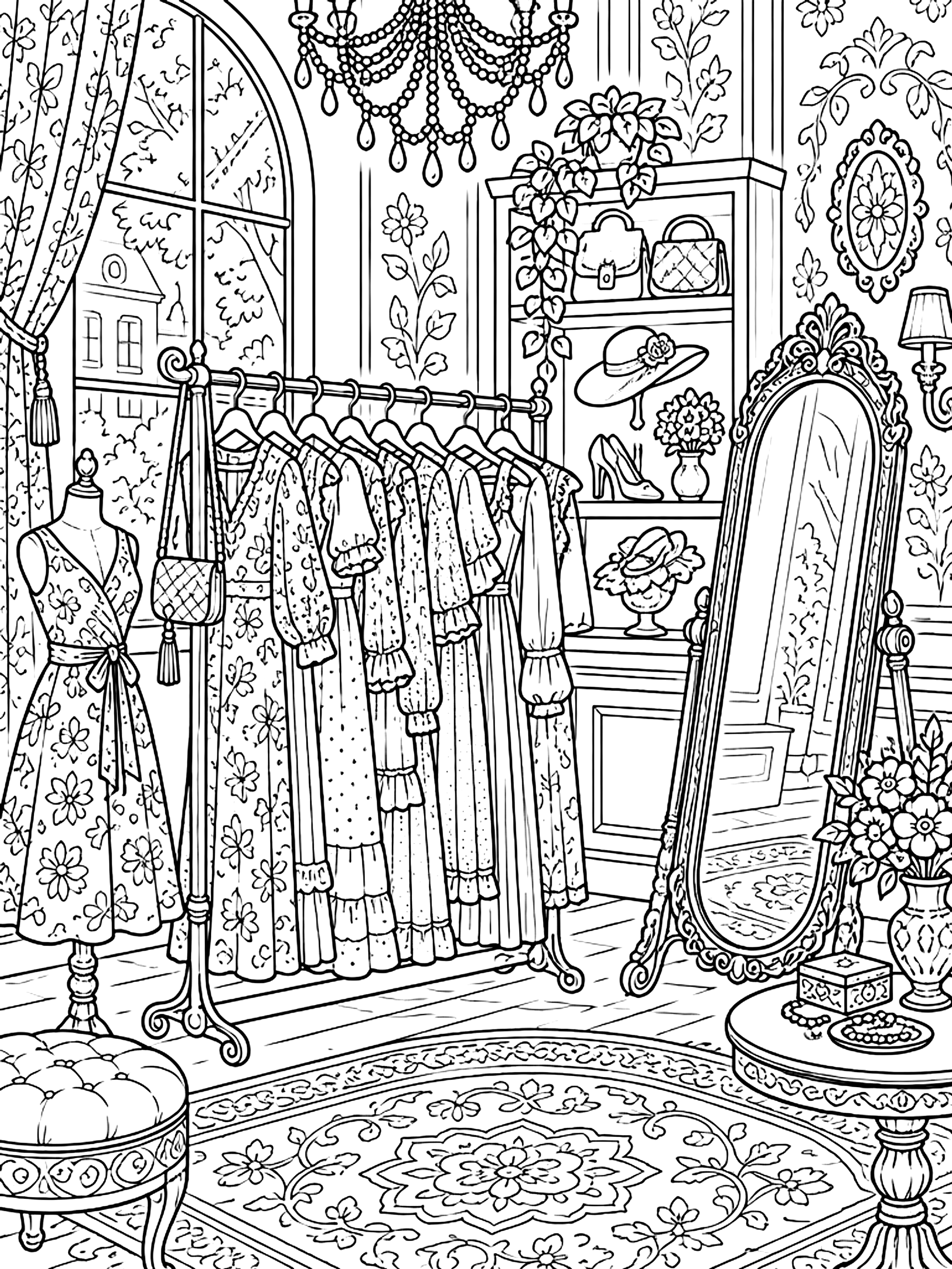Detailed Boutique with a clothing rack and mirror coloring page