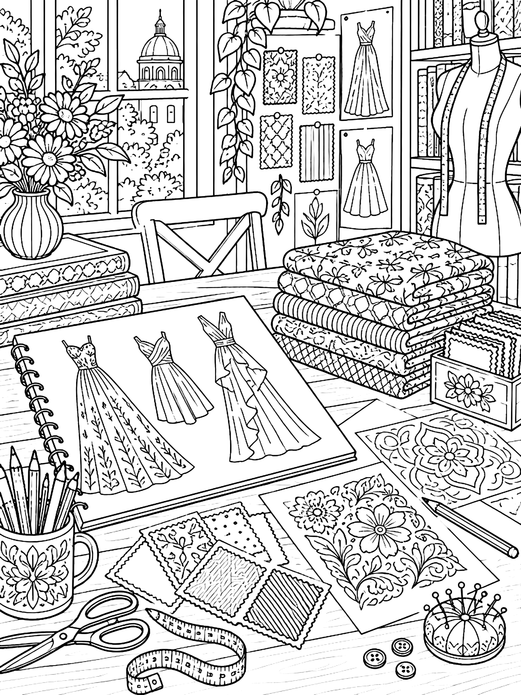Detailed Designer's desk with sketches and fabric swatches coloring page