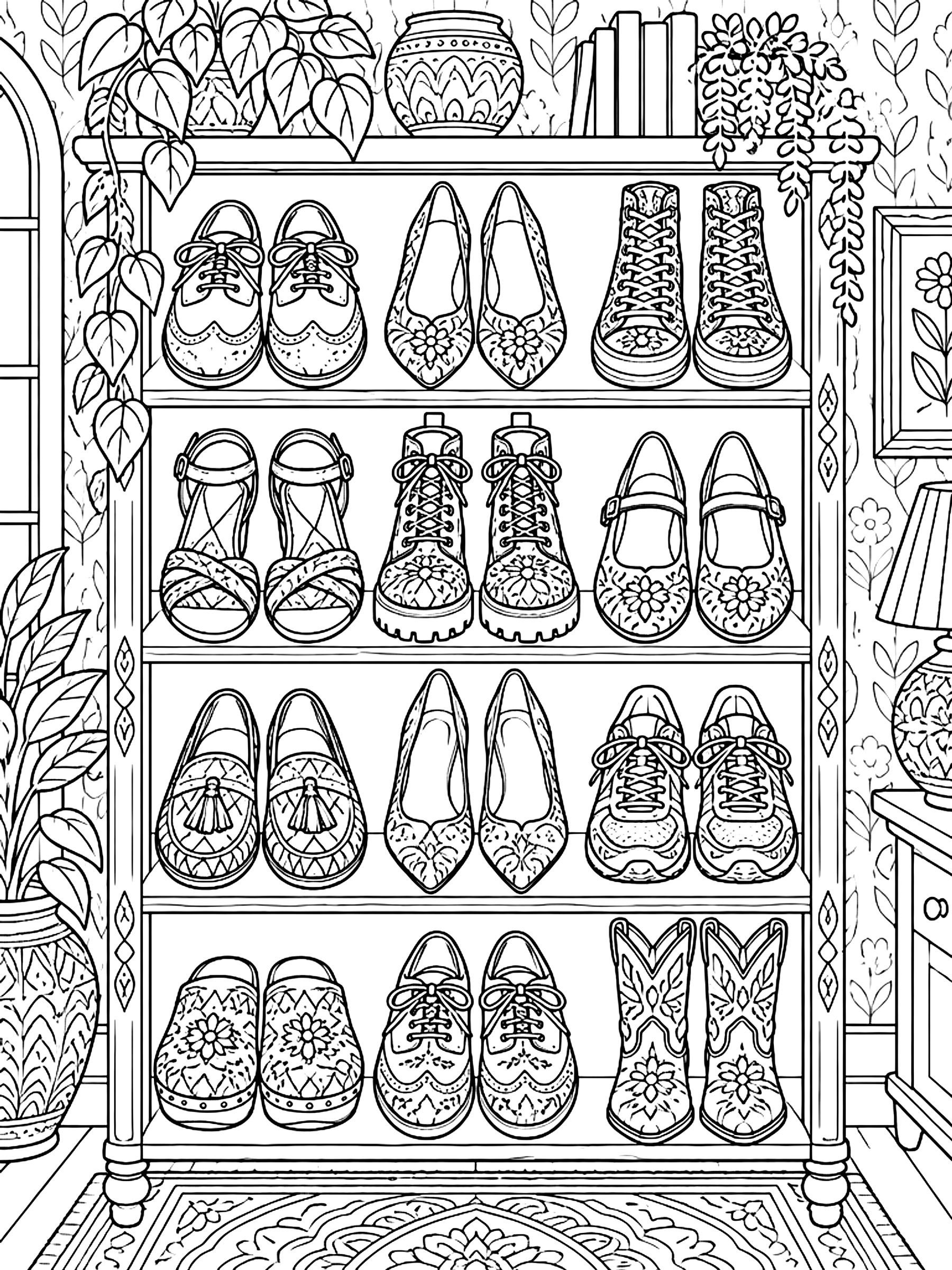 Detailed Shelf with twelve pairs of shoes coloring page