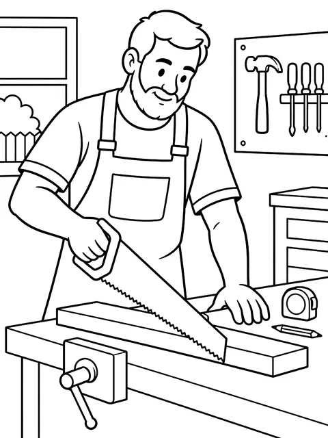 Dad at a workbench coloring page