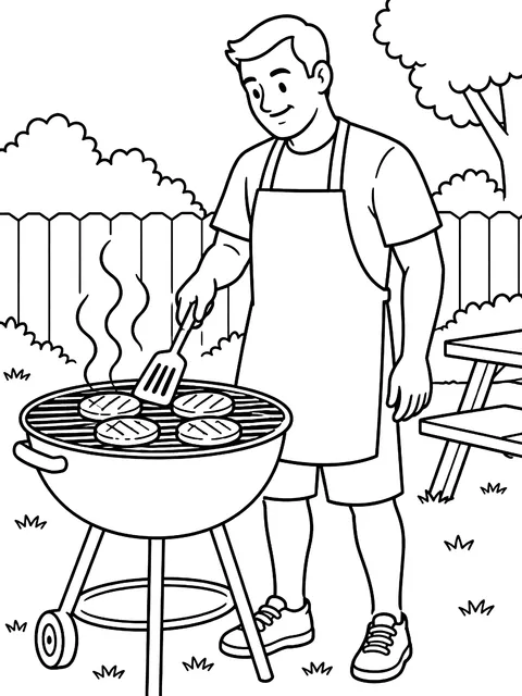 Dad grilling burgers coloring page