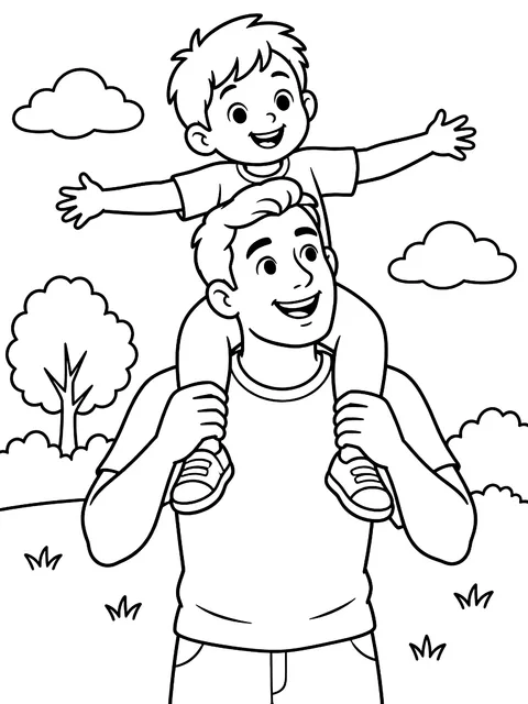 Riding on dad's shoulders coloring page